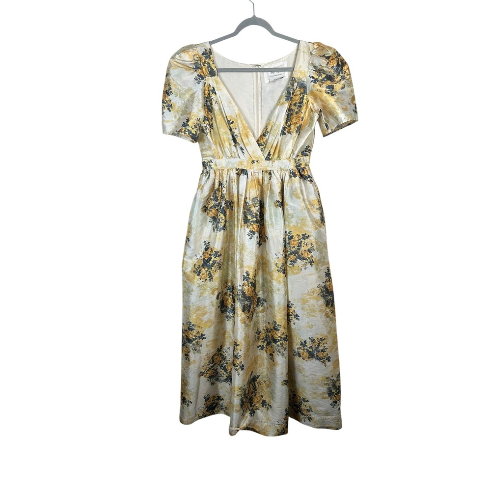 BHLDN Anthropologie Midi Dress Womens 10 Gold Floral Brocade Puff Sleeve Pockets